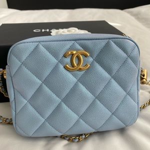Iridescent blue CC camera handbag